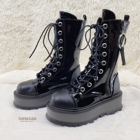 Patent Matte Platform Mid Calf Goth Punk Boots - Picture 3 of 14